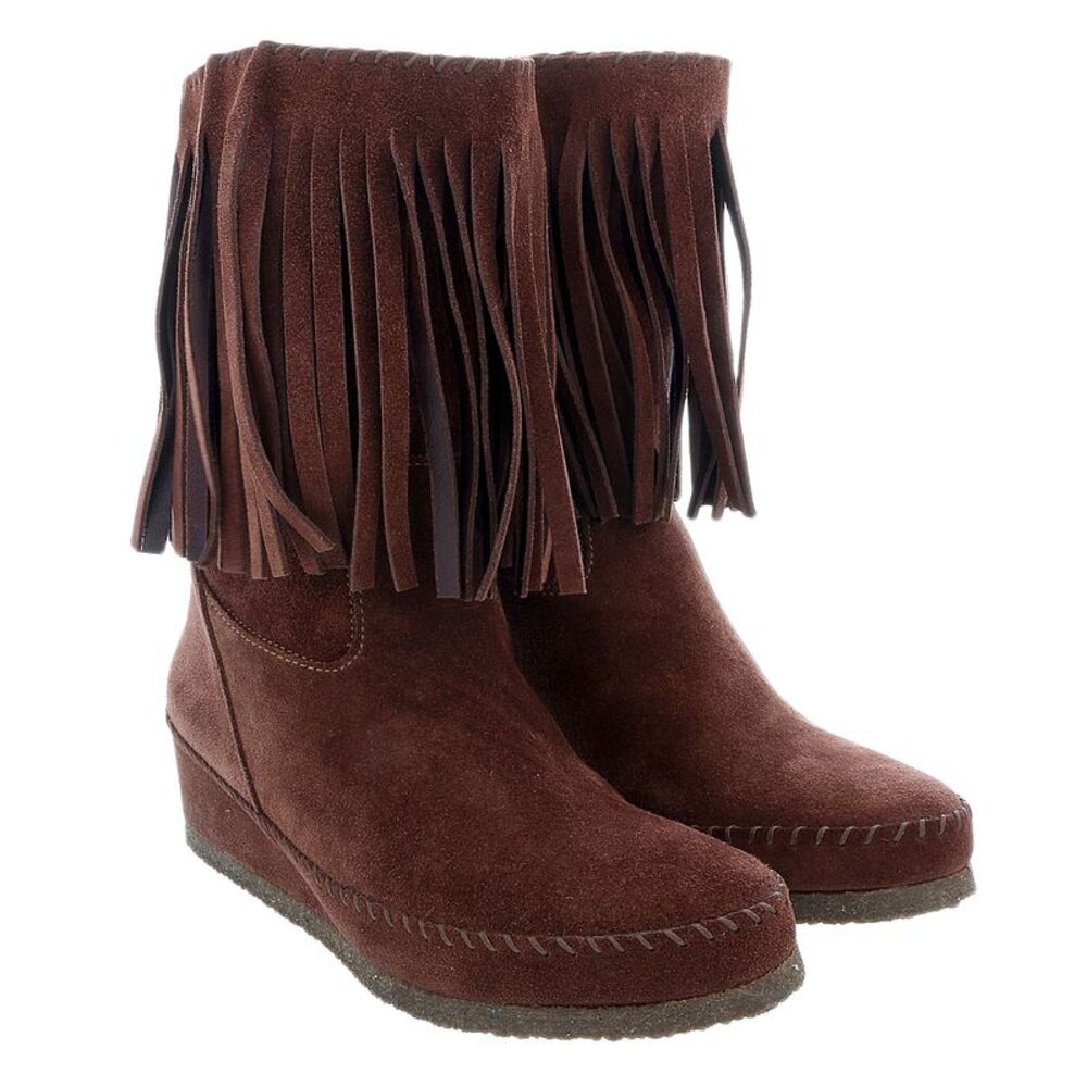 Daniela Fargion Dark Brown Suede Suede Mid Calf Low Wedge Heel Boots-